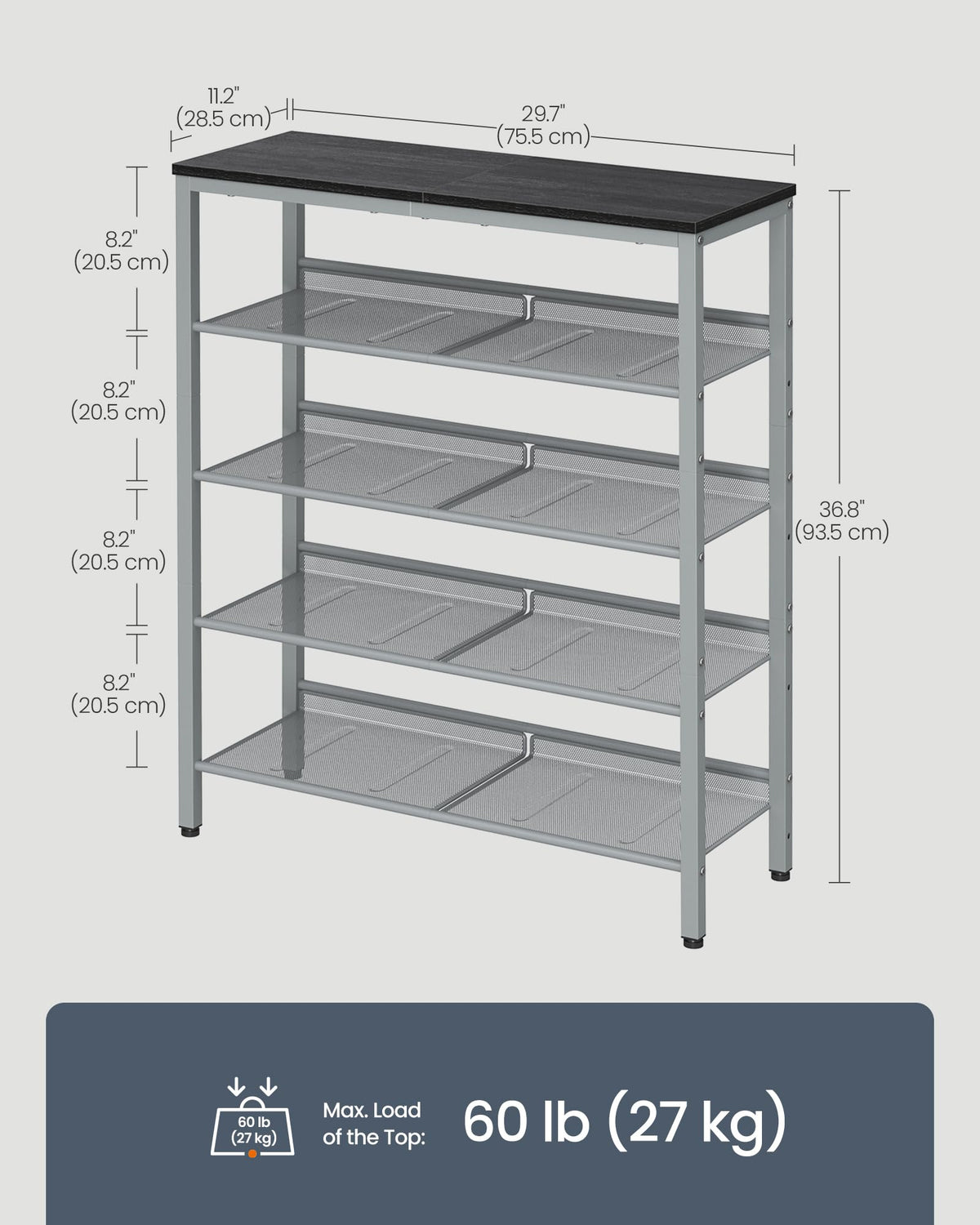 SONGMICS HOME 5 Tier Shoe Storage Organizer, Freestanding Shoe Rack, Dense Mesh, for Living Room