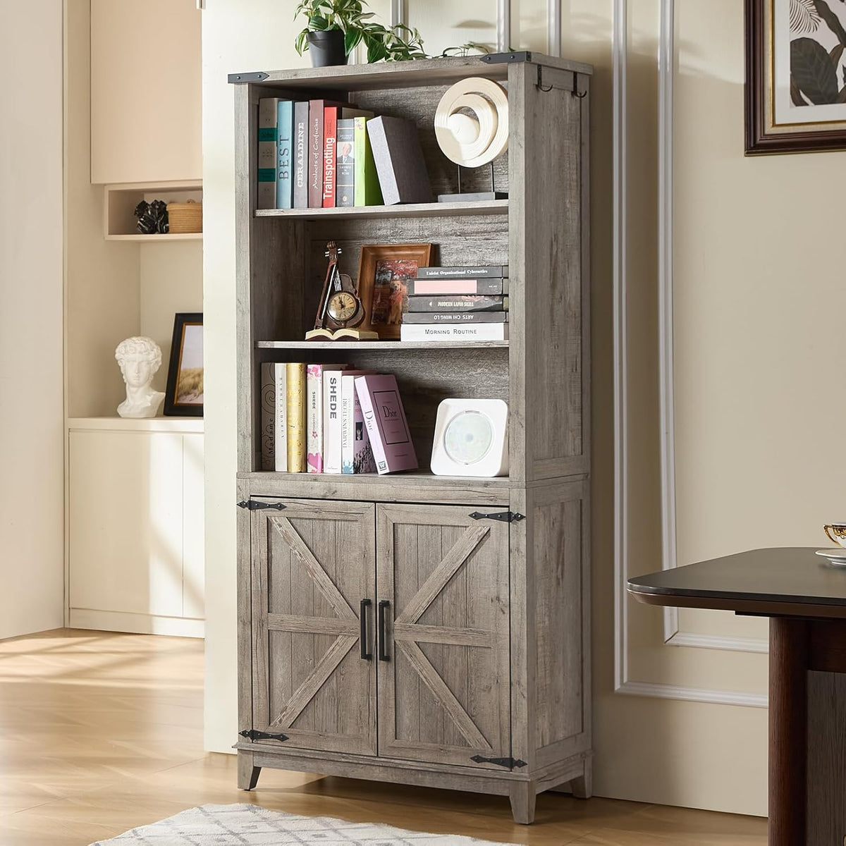 5 Tier Bookshelf 70in Tall Bookcase with Barn Doors and Storage Cabinet, Grey Farmhouse Book Shelf