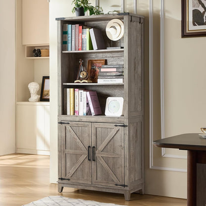 70in Tall Bookshelf 5 Tier Bookcase with Barn Doors and Adjustable Shelves, Grey Farmhouse Book