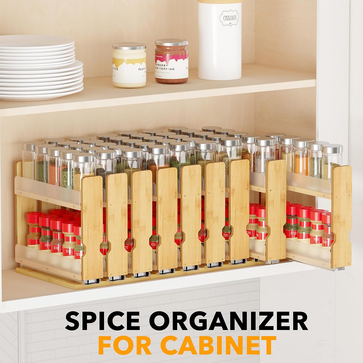 SpaceAid Bamboo Pull Out Spice Rack Organizer for Cabinet, Heavy Duty Slide Out Seasoning Kitchen