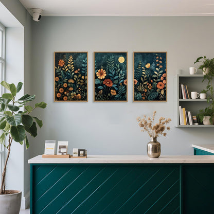 Vintage Dark Botanical Framed Canvas Wall Art Set, Colorful Floral Wall Decor, Nature Wildflower