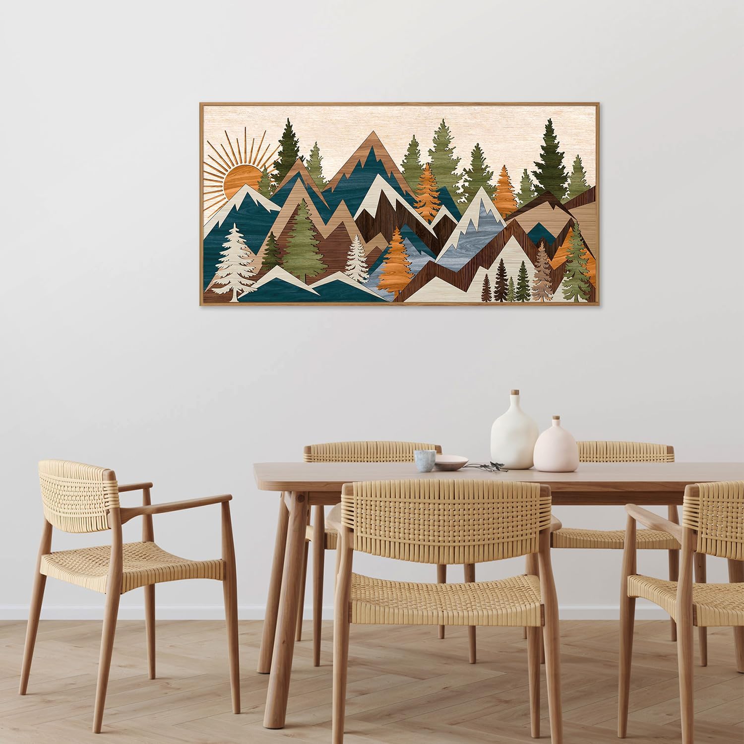 Tinonedraw Large Metal Mountain Framed Canvas Wall Art, Boho Rustic Sunrise Forest Wall Decor, 3