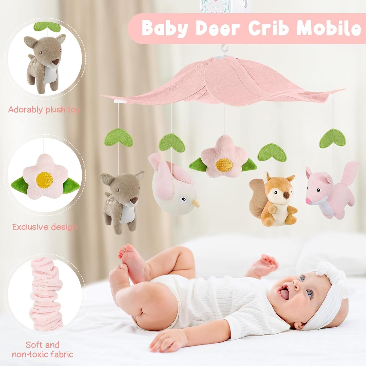 Woodland Crib Mobile for Girls – Cute Animals Baby Mobile for Crib with Upgraded 3-Mode Music Box