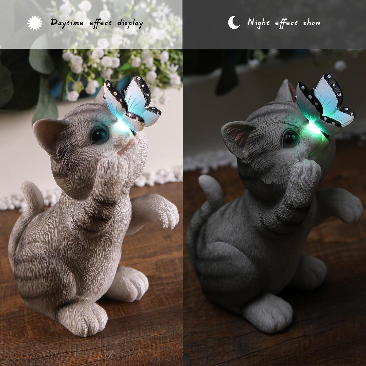 Cat Garden Statue Outdoor Solar Decorations Butterfly Light Figurine Color Changing LED Lights