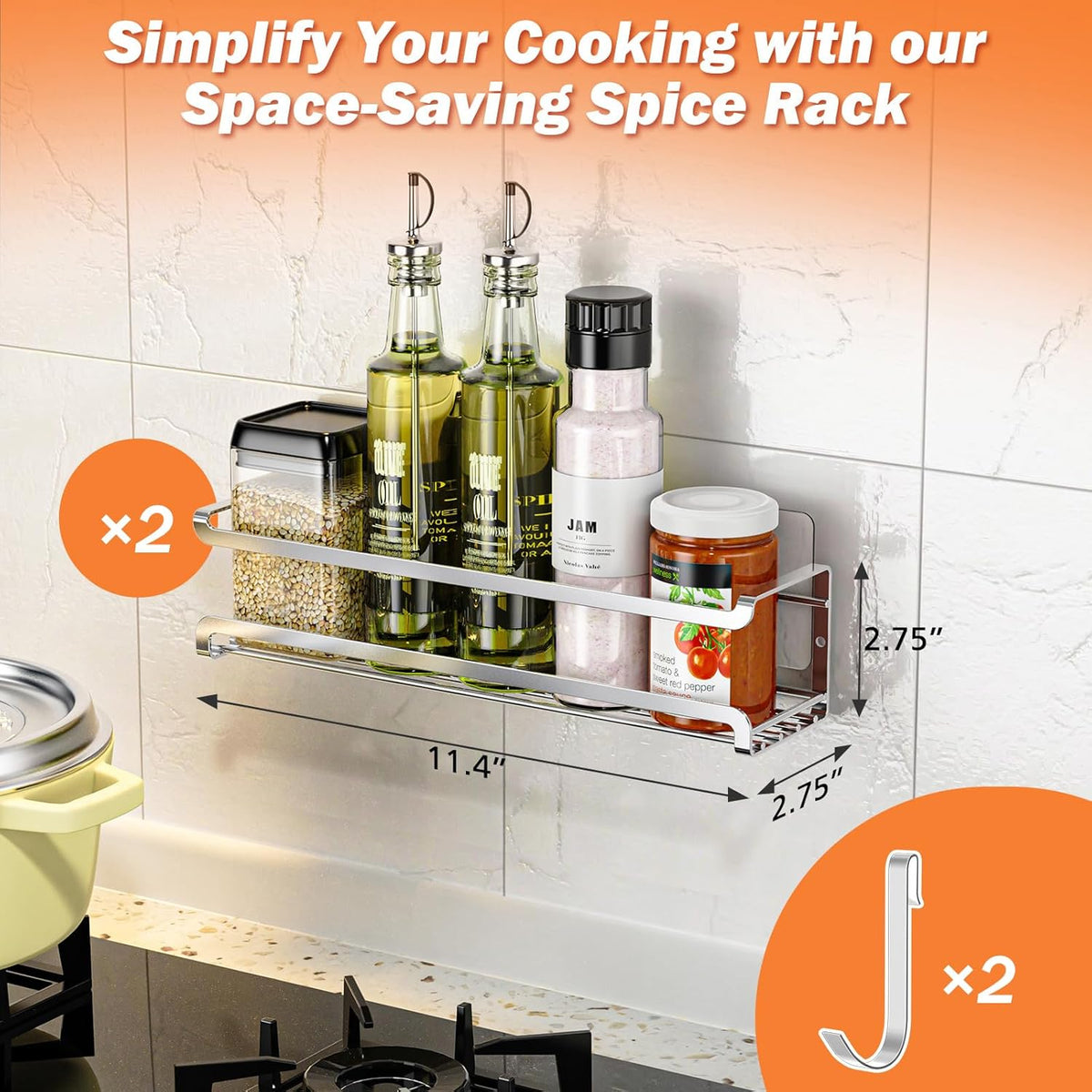 Spice Rack wall mounted 2 Pack, Space-Saving Spice Organizer for Spice Jars and Seasonings,Screw or