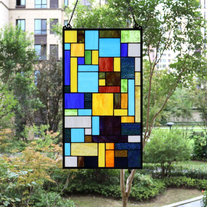 Bieye Geometric Color Block Tiffany Style Stained Glass Window Panel with Hanging Chain (13x24