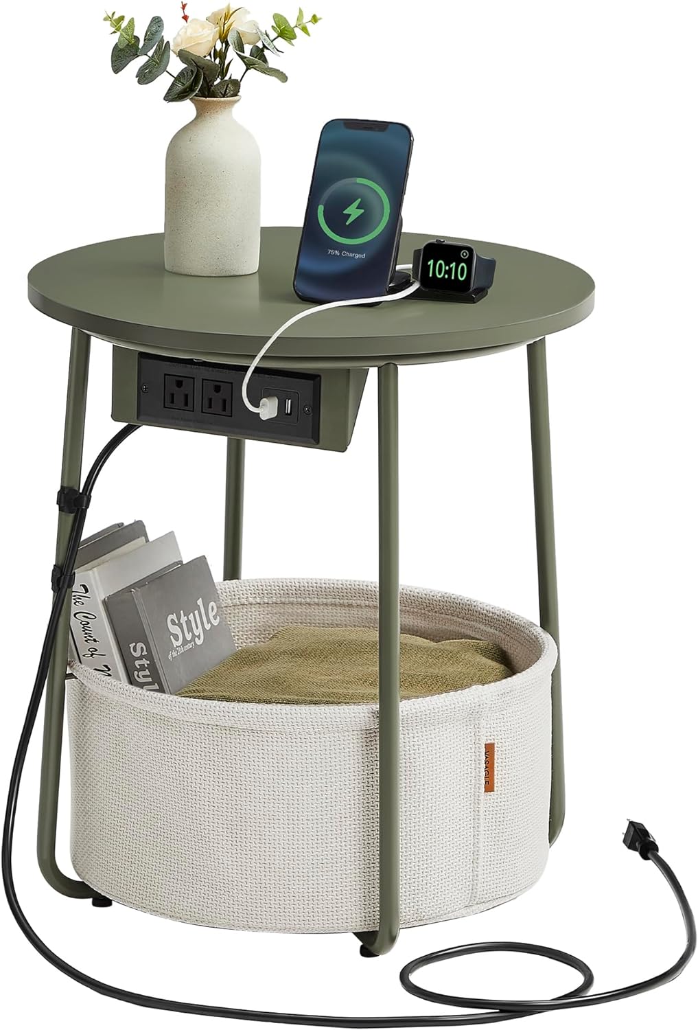 VASAGLE Side Table with Charging Station, Round End Table with Fabric Basket, Nightstand with Power