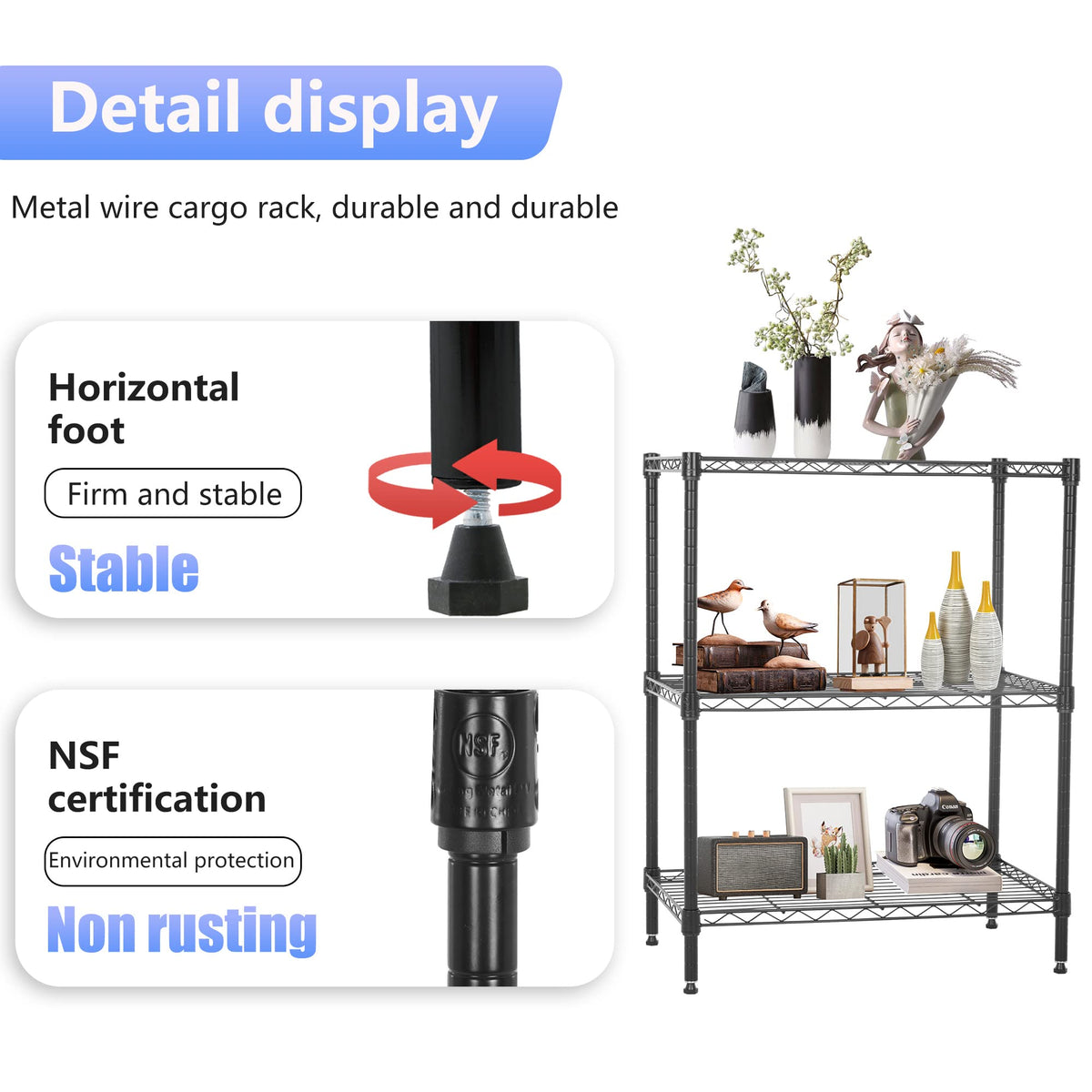 FDW Wire Shelving Units Adjustable Metal Storage Rack 23D x 13W x 30H 3 Tier Pantry Shelves NSF