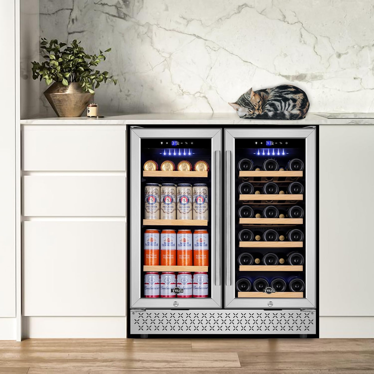 Tylza 30 Inch Wine and Beverage Refrigerator, Dual Zone Wine Beverage Cooler 30" with French Door