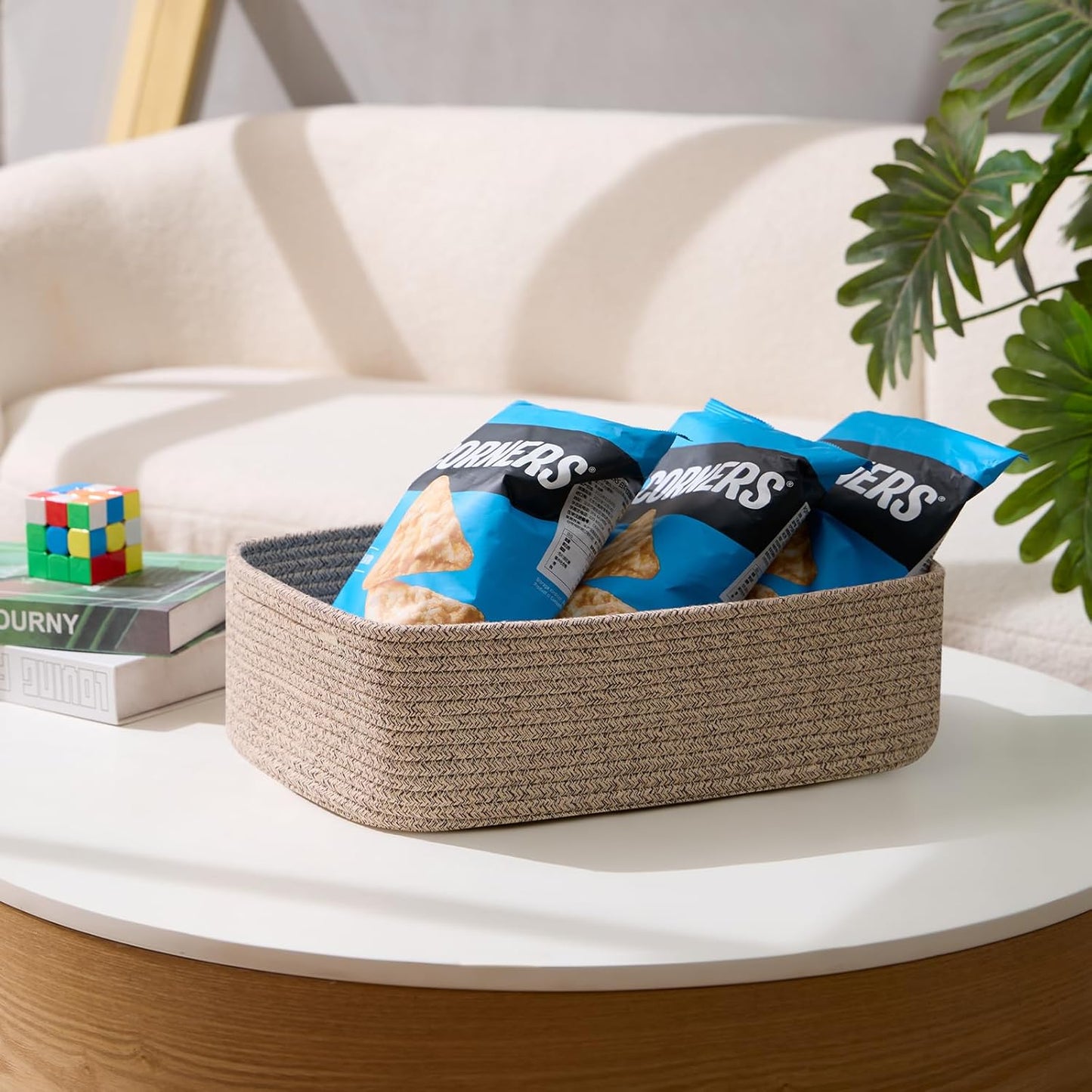 Large Shallow Organizing Baskets 15x11x5.1 Inches - Rope Woven Storage Bins for Bathroom, Shelves