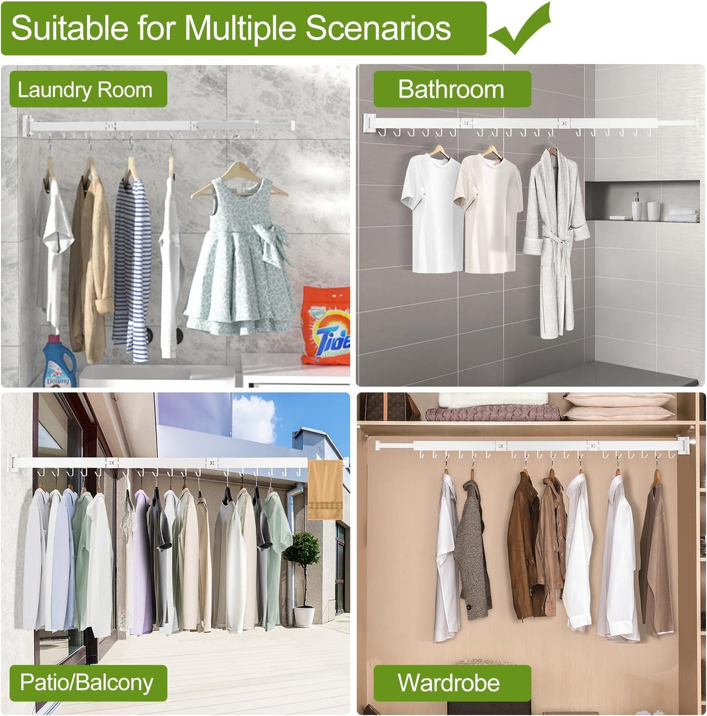 Foldable Clothes Drying Rack, 2 Fold Laundry Drying Rack Wall Mount, [No Drilling] Folding &