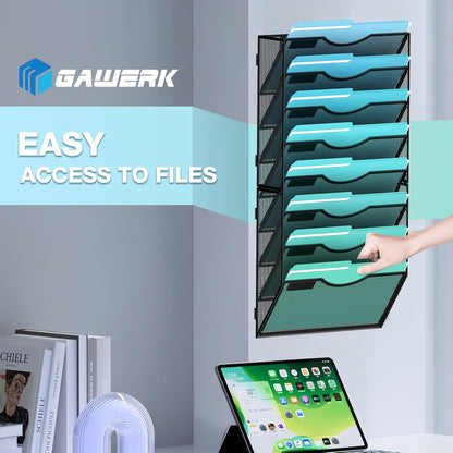 8-Tier Wall File Organizer Hanging Wall File Holder Wall Mount Paper Folder Organize, Mesh Magazine