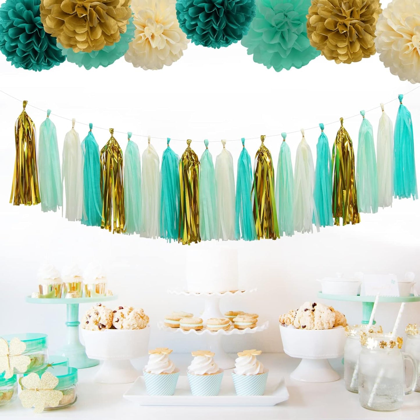 Teal-Blue Mint Beige-Gold Party-Decorations Tassel-Garland -20pcs Rustic Wedding Tassels Banner