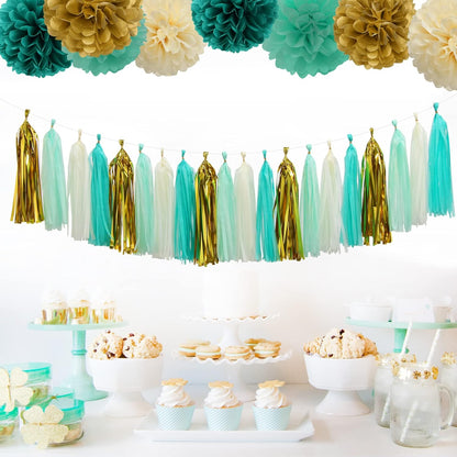 Teal-Blue Mint Beige-Gold Party-Decorations Tassel-Garland -20pcs Rustic Wedding Tassels Banner
