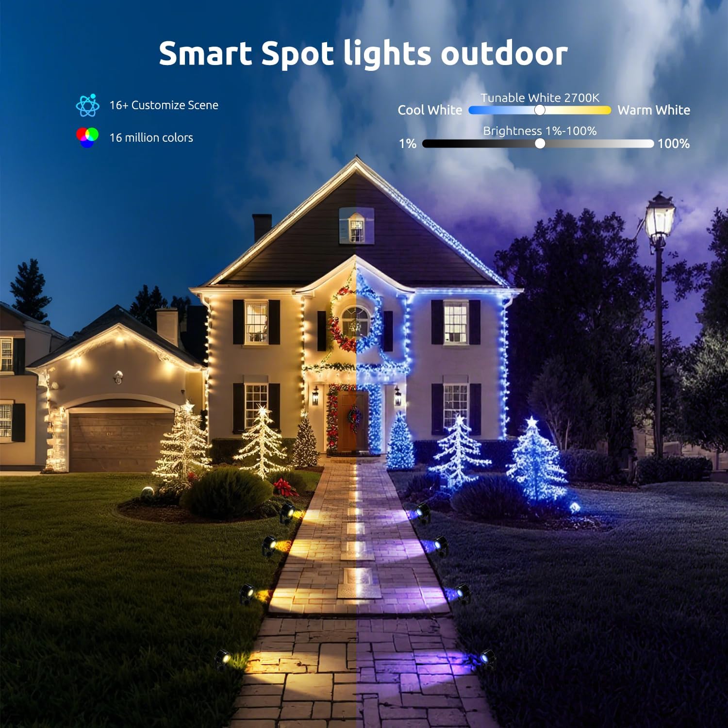 Smart RGBW Spot Lights Outdoor, 8 Pack Low Voltage Landscape Lighting with APP & Remote Control