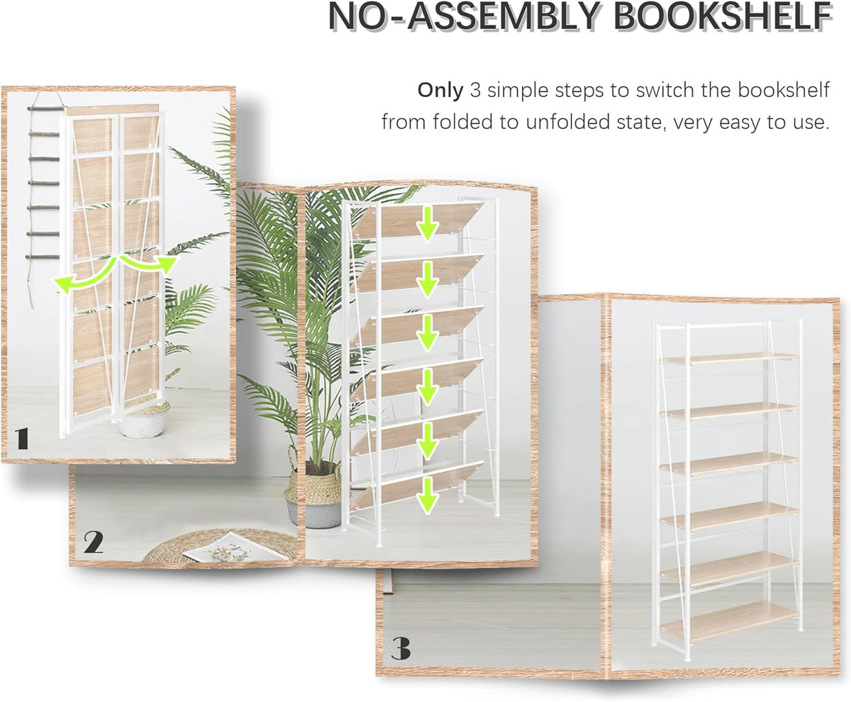 4NM No Assembly Foldable Bookshelf, 6-Shelf Collapsible Bookcase Storage for Small Spaces, 74" H