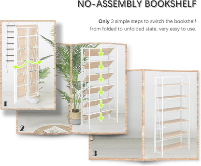 4NM No Assembly Foldable Bookshelf, 6-Shelf Collapsible Bookcase Storage for Small Spaces, 74" H