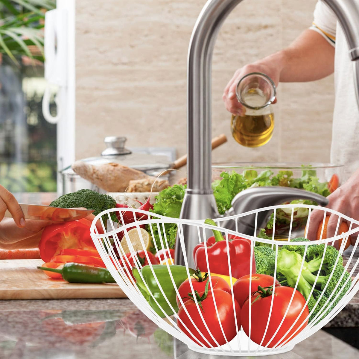 Metal Wire Fruit Basket, White Fruit Bowl for Kitchen Counter, Fruit Holder Stand Storage Baskets