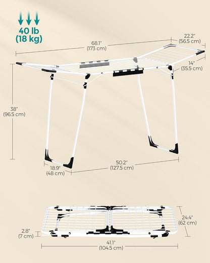 SONGMICS Clothes Drying Rack Foldable, Gullwing Laundry Drying Rack, Space-Saving, 22.2 x 68.1 x 38