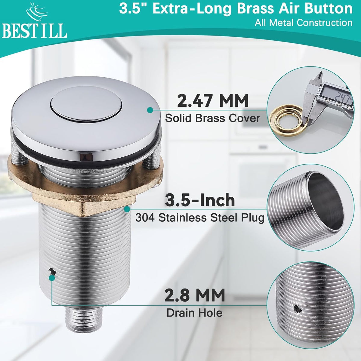 BESTILL Garbage Disposal Air Switch Kit - UL Listed, Brass 3.6" Long Push Button for Waste
