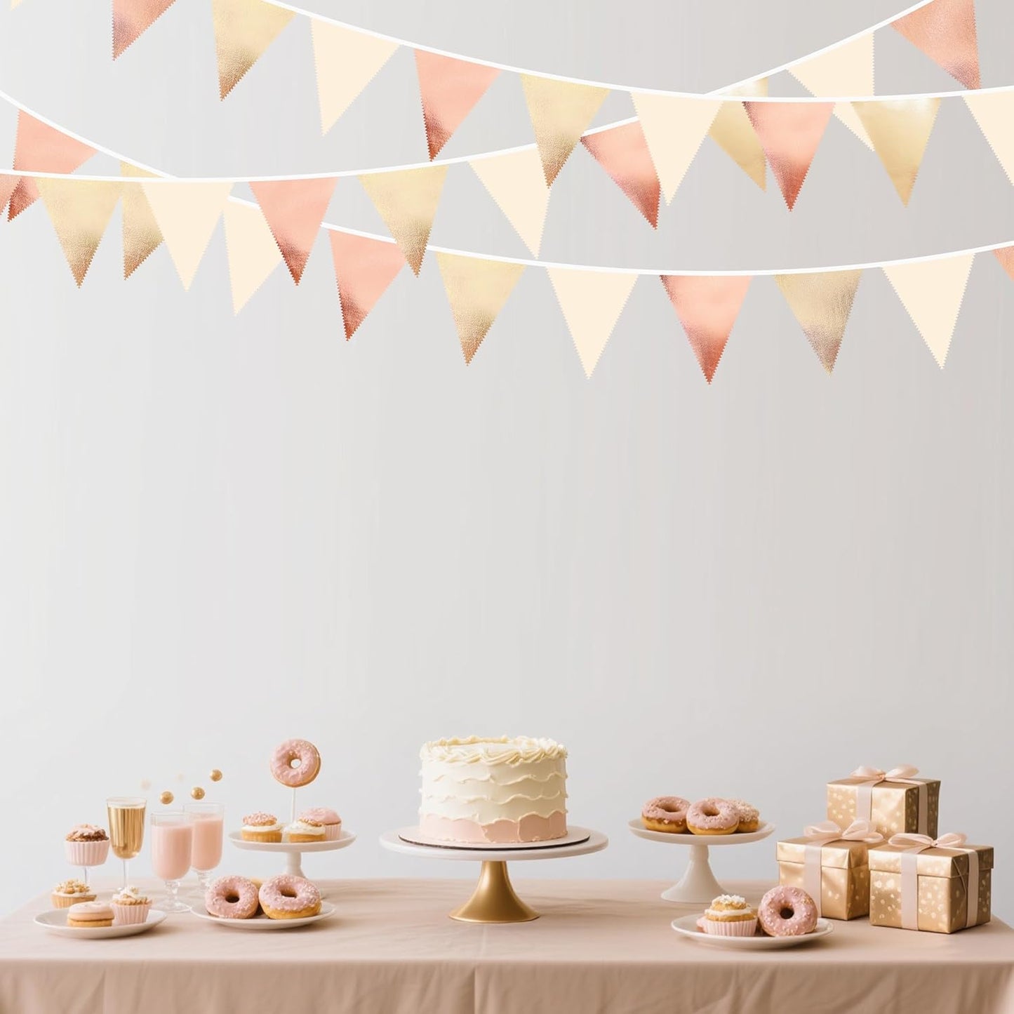 Rose Gold Champagne Gold Beige Party Decorations Metallic Fabric Triangle Flag Pennant Banner