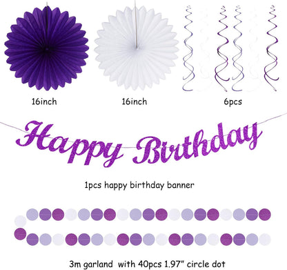 Purple Lilac-Lavender White Women Birthday Party-Decorations - 21pcs Happy Banner,Paper