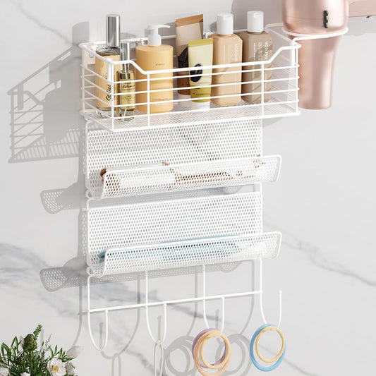 VITVITI Metal Hair Tool Organizer Wall Mount, Hair Dryer Holder with 3 Tier Shelf Basket Hooks