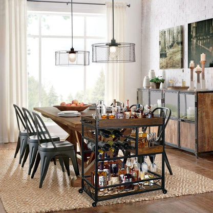 Bar Cart Industrial Kitchen Serving Carts for Home 3 Tier Storage Trolley with Wine Rack Glasses