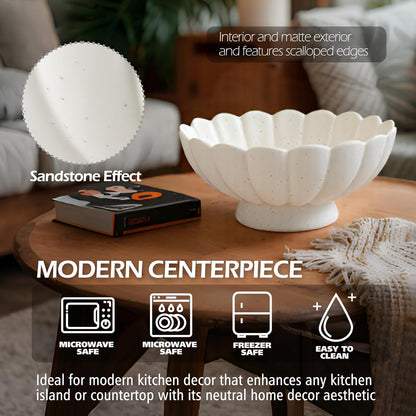 Large Fruit Bowl for Kitchen Counter-10.6" White Ceramic Fluted Scalloped Decorative Footed Bowl