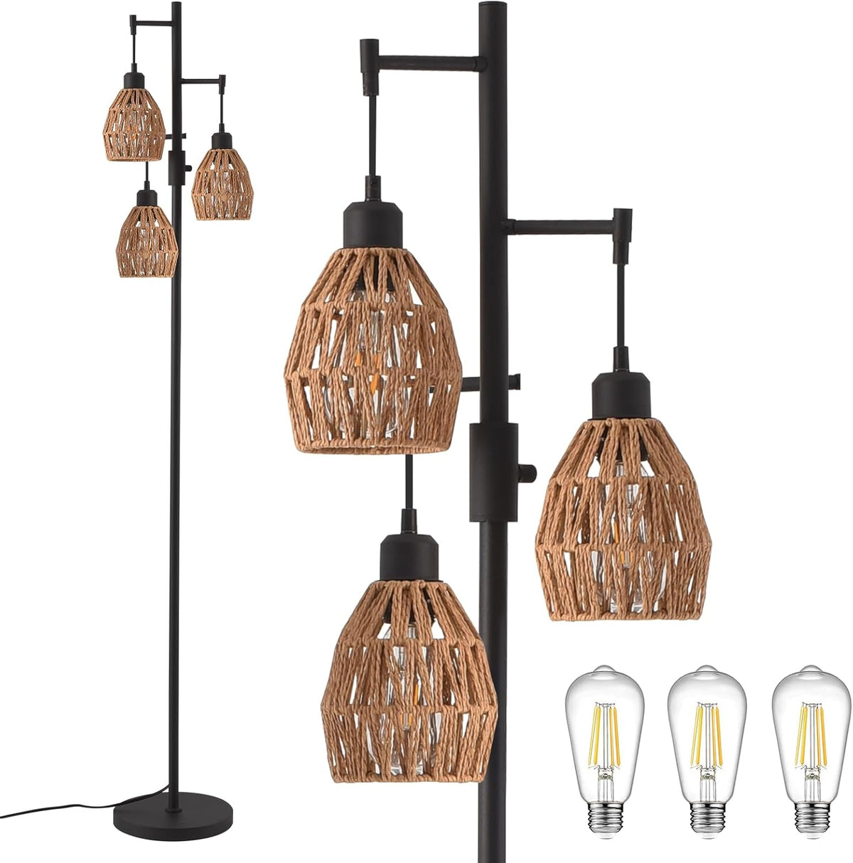 Boho Rattan Floor Lamp-Standing Lamps for Living Room 70'' Dimmable Floor Lamp with Cage Shade