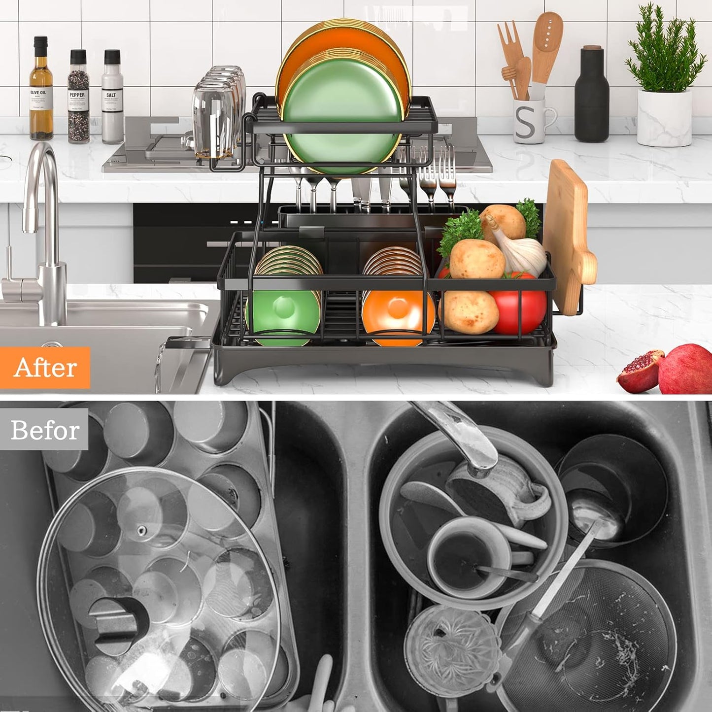Godboat Dish Drying Rack, 2-Tier Dish Rack with Auto-Drain & Mat, Dish Racks for Kitchen Counter