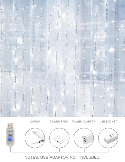 suddus White Curtain Lights for Bedroom Wall, 200 Led Twinkle Lights with Remote 8 Modes Timer, USB