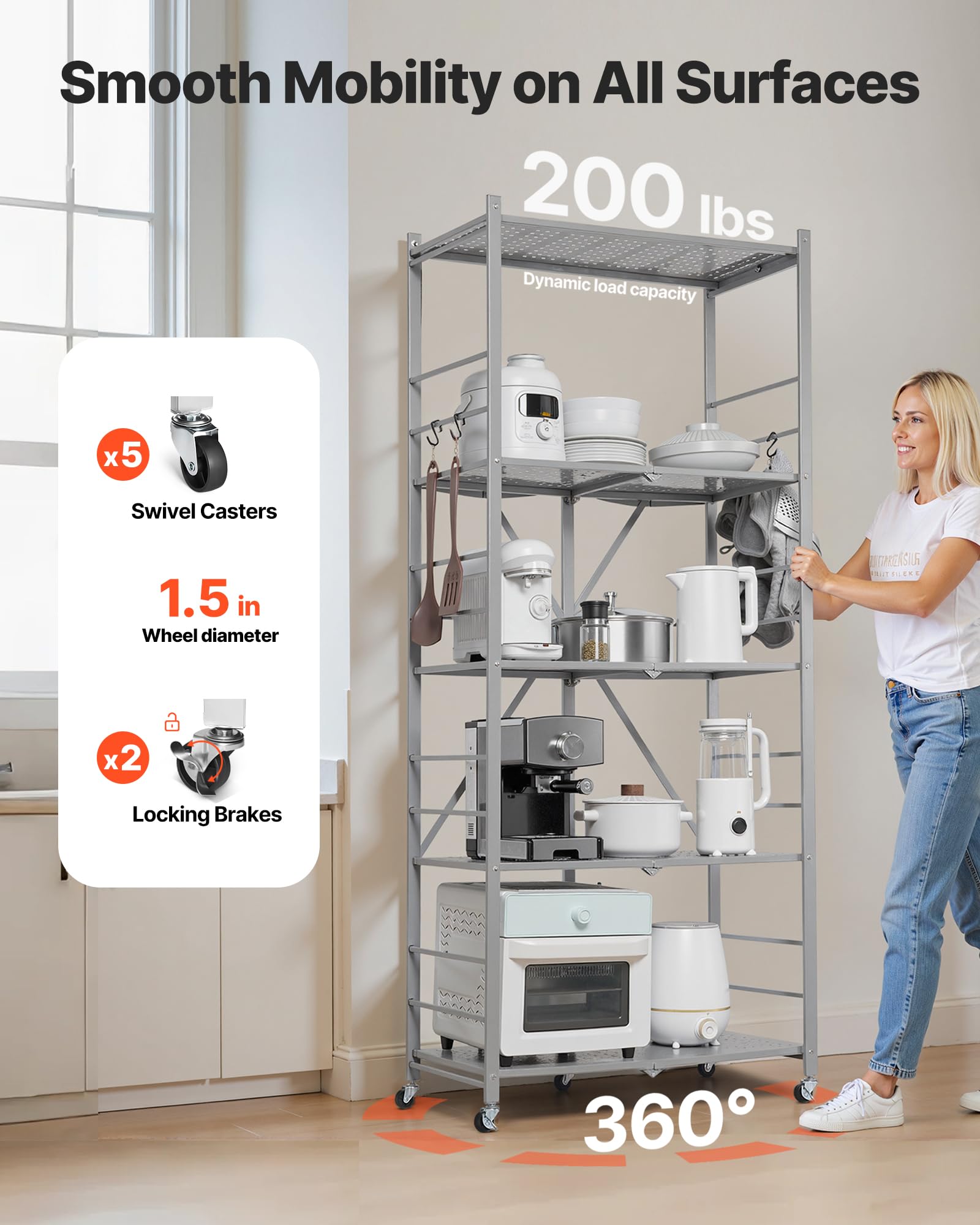 VEVOR 5-Tier Foldable Storage Shelf, 32W x 14D x 72H Inch Folding Metal Rack Shelving Unit, Heavy