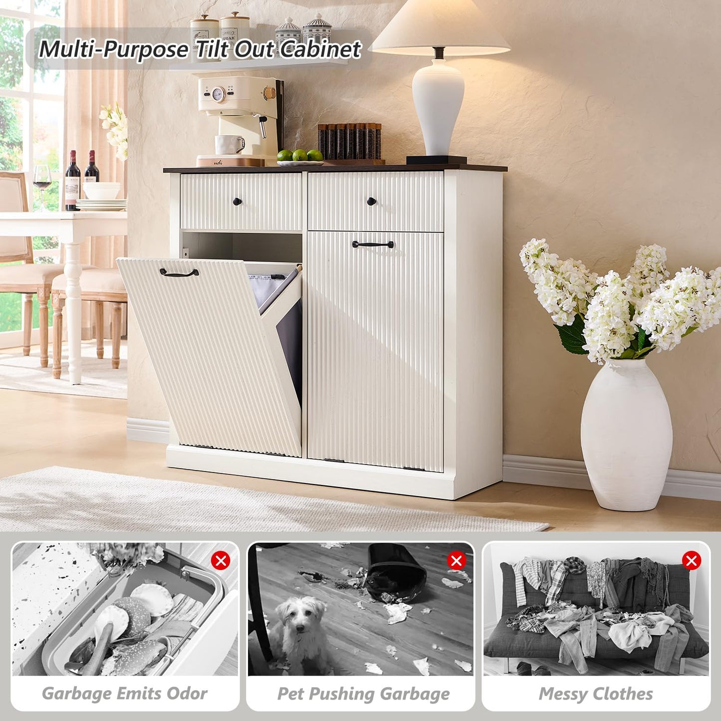 Modern Double Tilt-Out Trash Cabinet, 20 Gallon Fluted Laundry Hamper Cabinet w/2 Drawers, Wooden