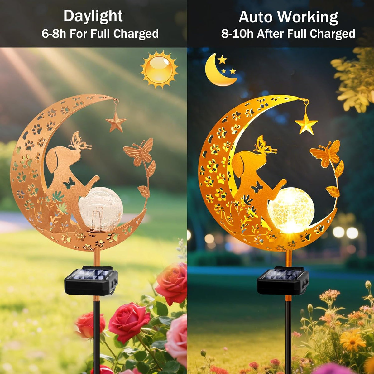 YJFWAL Garden Solar Dog Lights Pathway Stake Lights Glass Globe with Moon Dog Decor, Gifts for Mom