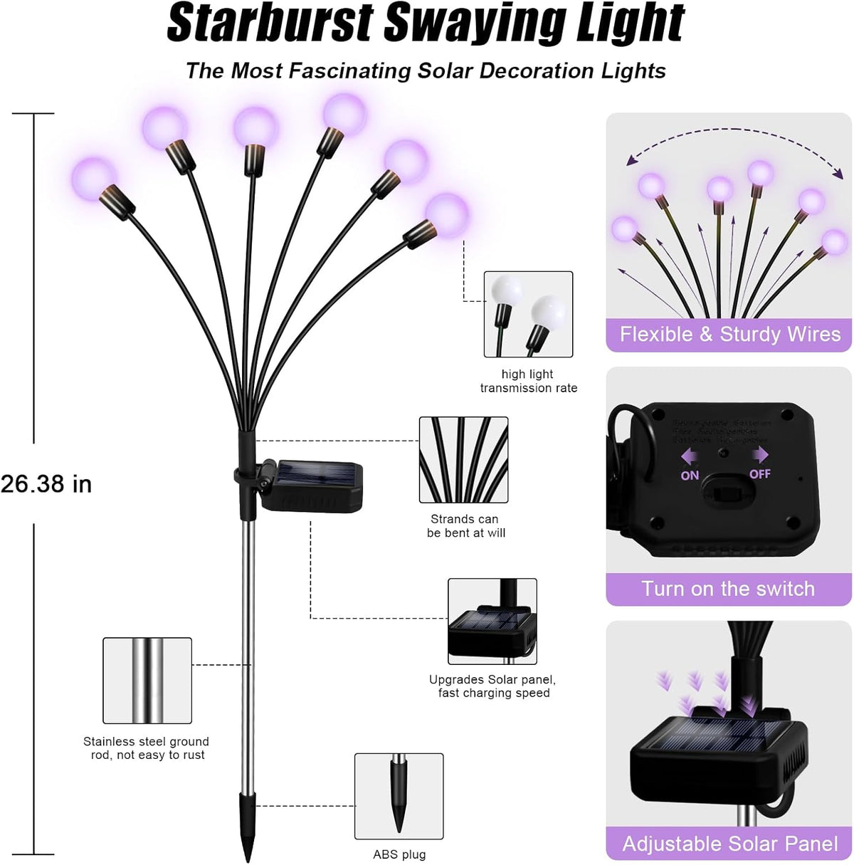 Solar Garden Lights Outdoor, Waterproof Solar Powered Lights for Yard Pathway Patio, Swaying Lawn