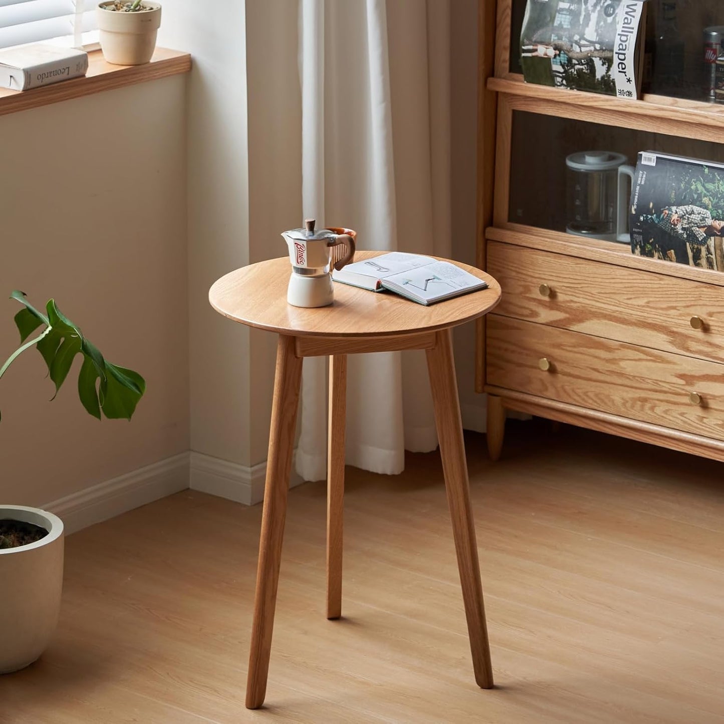 100% Solid Oak Small Tall Side Table, Mid Century Modern Coffee Table for Small Spaces, Living Room