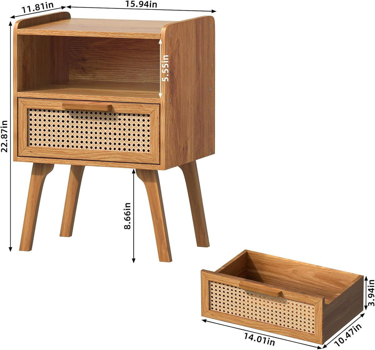 Lerliuo Rattan Nightstand, Side Table with Drawer Open Shelf, Cane Accent Bedside End Table with