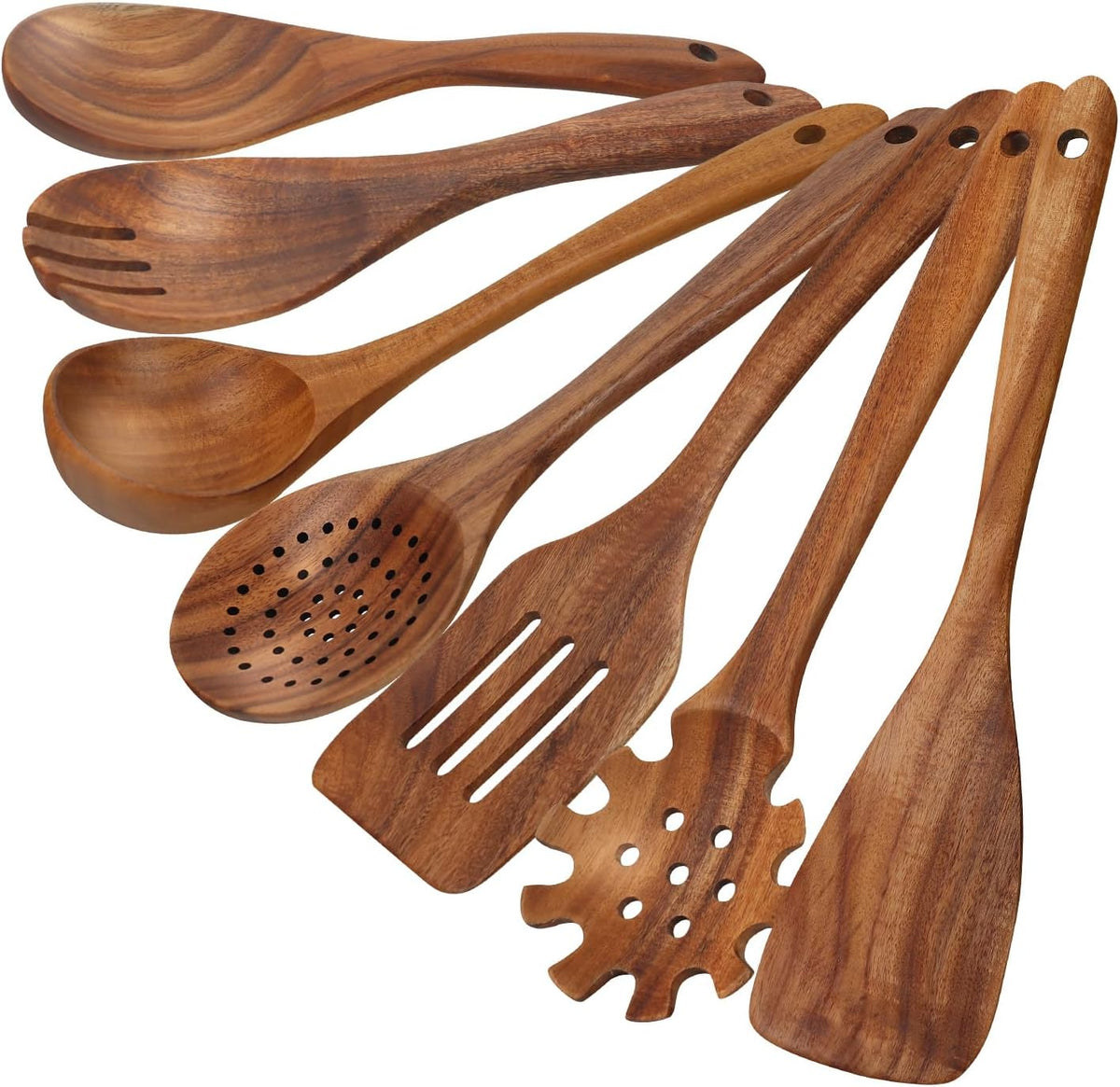 comfoyar Teak Wooden Spoons for Cooking, 7 Pieces Kitchen Cooking Utenails Set with Spatula and