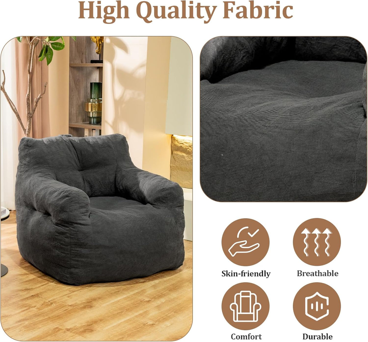 Bean Bag Chairs for Adults Ergonomic Support Reading Floor Sofa Chair with Filler Spacious (Grey)