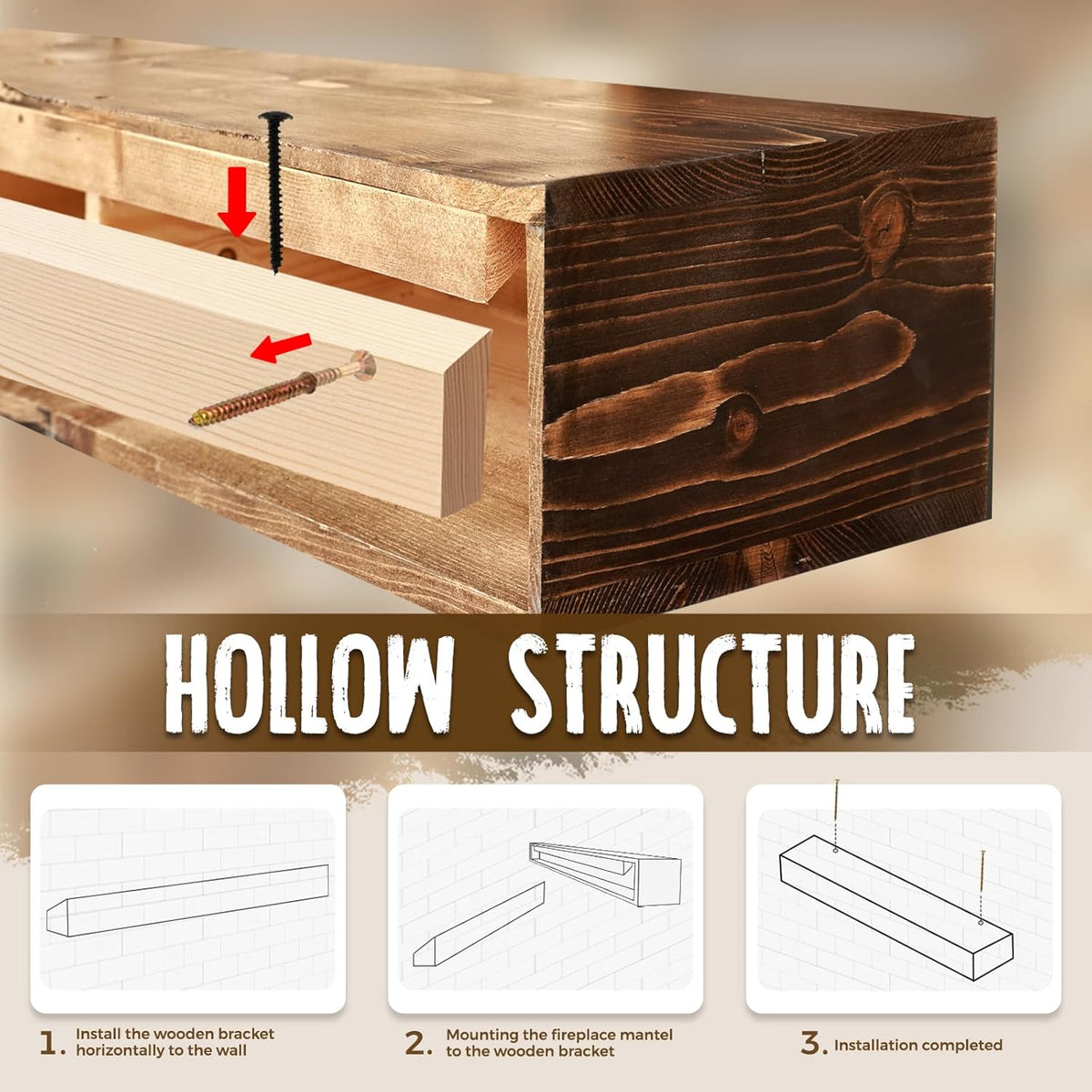 48x8x5 Fireplace Mantel - Handcrafted Hollow Rustic Solid Wood Wall Mounted Floating Shelf with