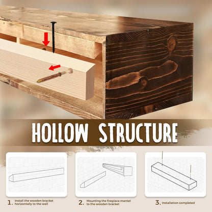 48x8x5 Fireplace Mantel - Handcrafted Hollow Rustic Solid Wood Wall Mounted Floating Shelf with