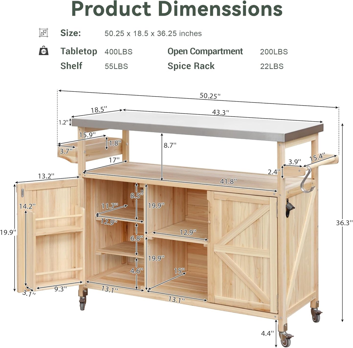 Outdoor Grill Table with Stainless Steel Top, Farmhouse Solid Wood Kitchen Island Cart with