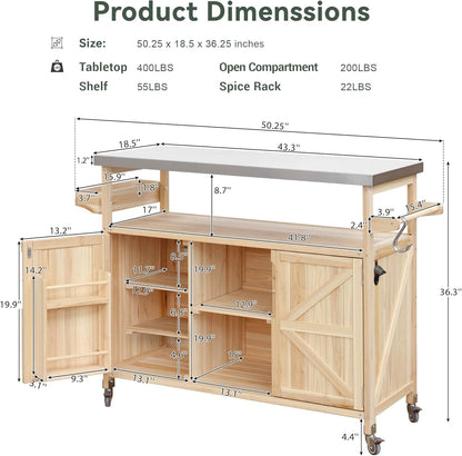 Outdoor Grill Table with Stainless Steel Top, Farmhouse Solid Wood Kitchen Island Cart with