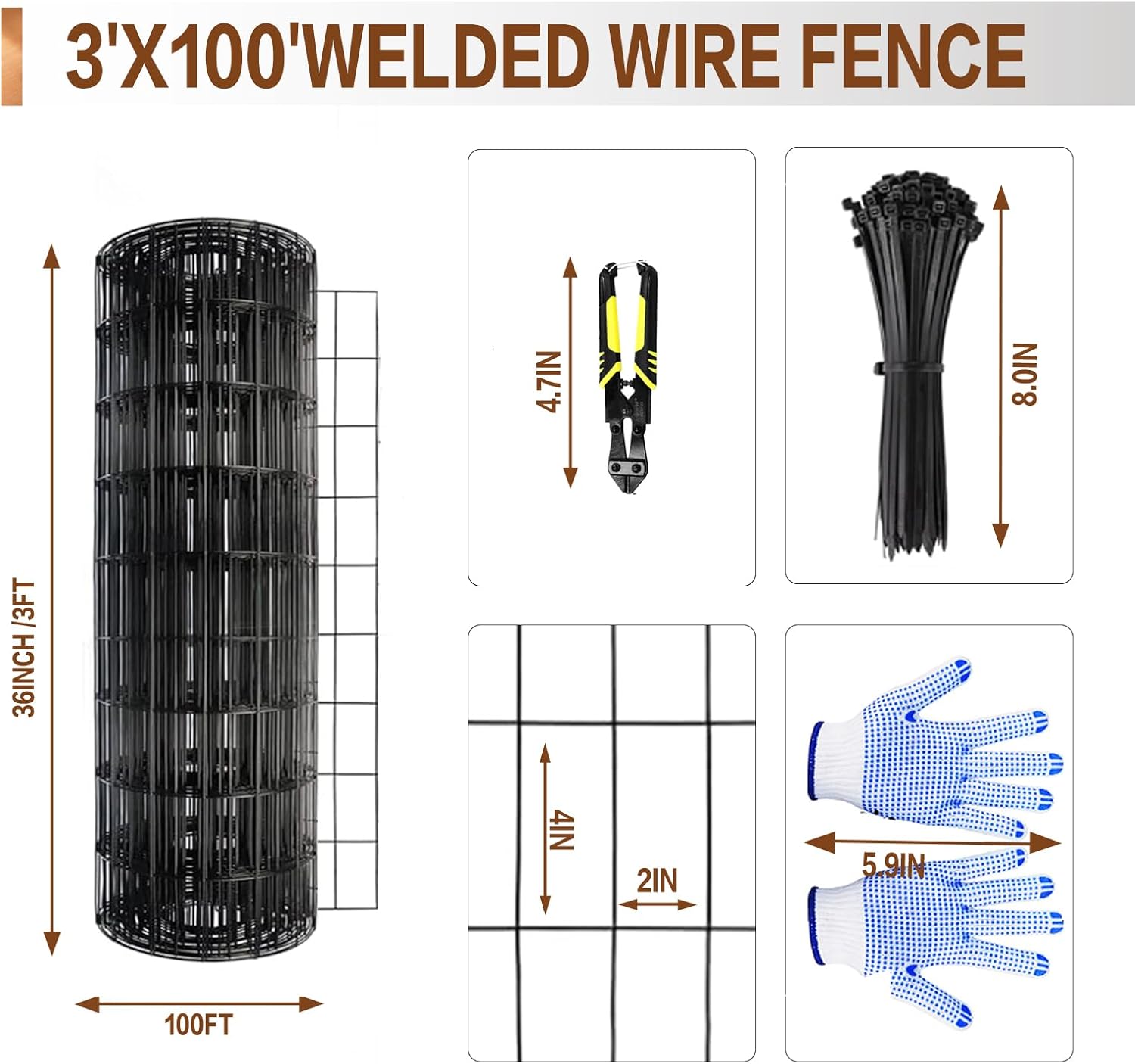 Tongmo 3 ft x 100 ft Black PVC Coated Welded Wire Fence, 16GA Garden Chicken Wire Fence Roll, Mesh