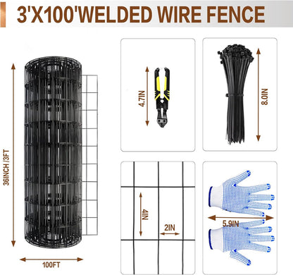 Tongmo 3 ft x 100 ft Black PVC Coated Welded Wire Fence, 16GA Garden Chicken Wire Fence Roll, Mesh