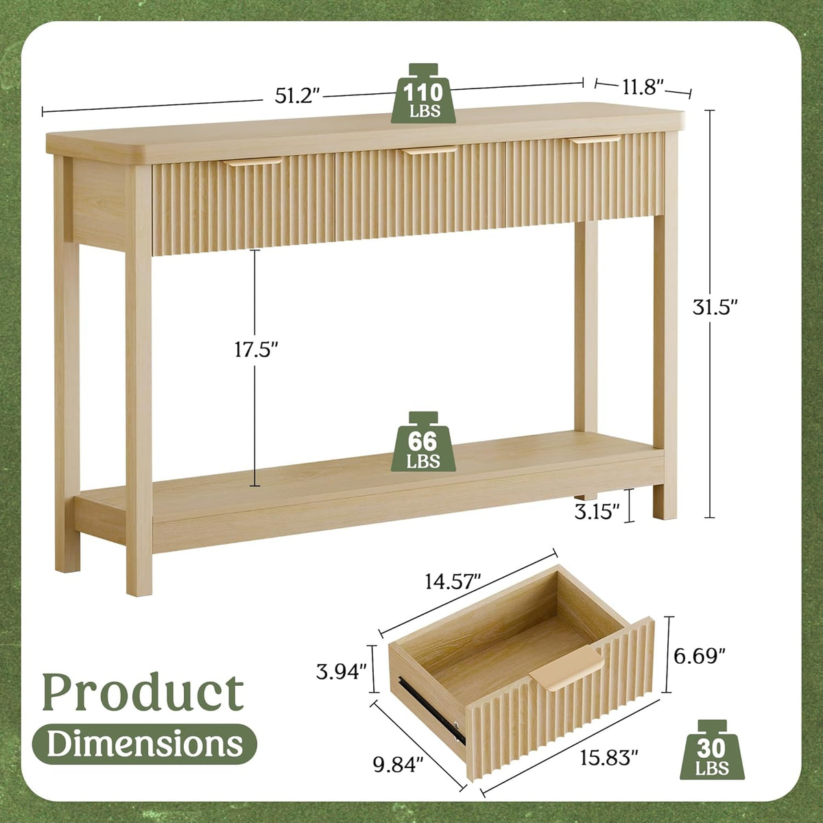Lulive 51" Fluted Console Table for Entryway, Entryway Table with 3 Wooden Drawers, Farmhouse