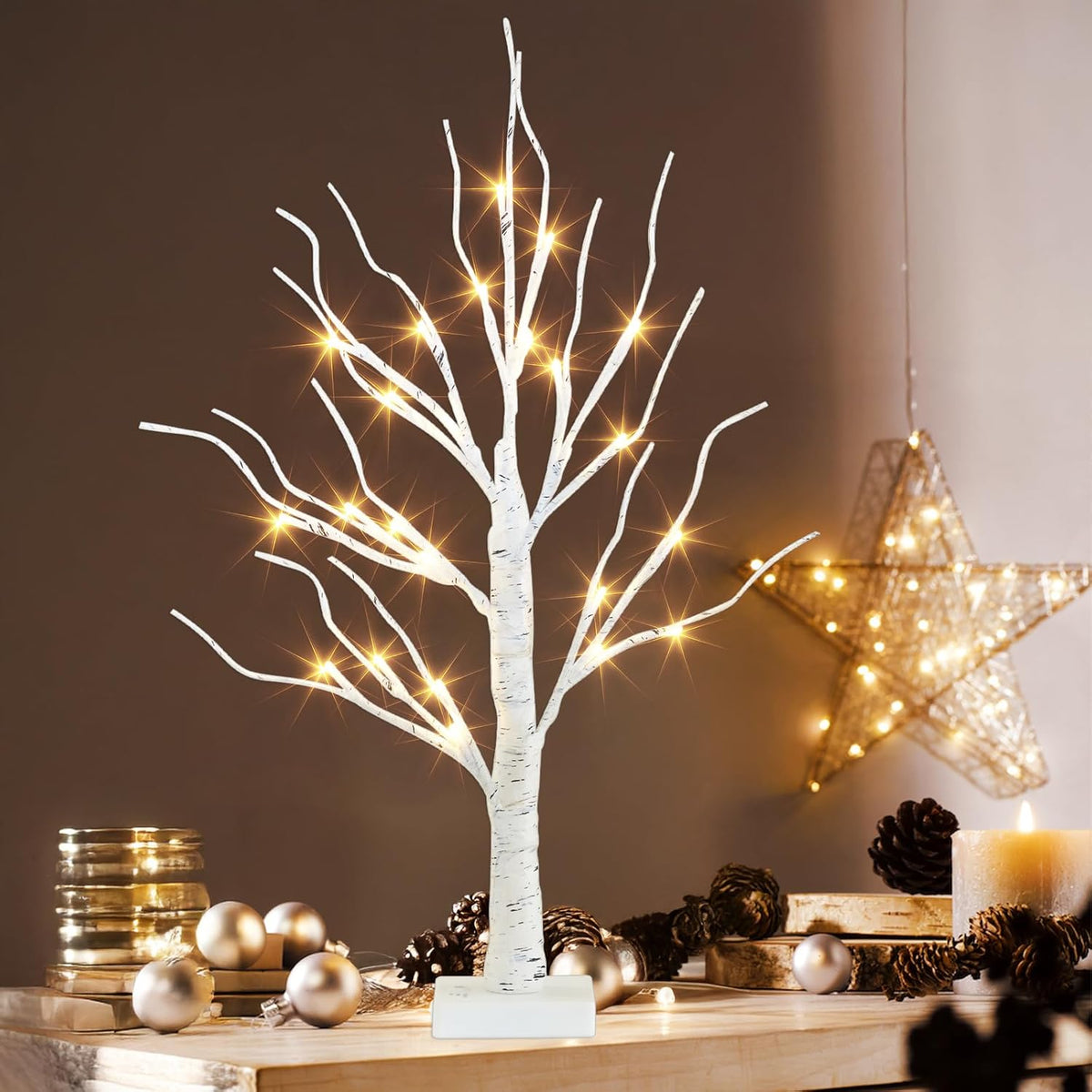 PEIDUO Artificial Tree for Easter Decorations, 2 FT Birch Tree with LED Lights, Warm White Fairy