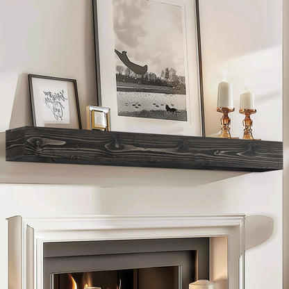 60x8x5 Fireplace Mantel - Handcrafted Hollow Rustic Solid Wood Wall Mounted Floating Shelf with