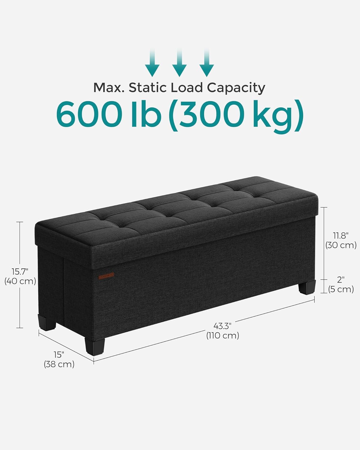 SONGMICS Storage Ottoman Bench, Foldable Foot Rest with Legs, 15 x 43 x 15.7 Inches, End of Bed